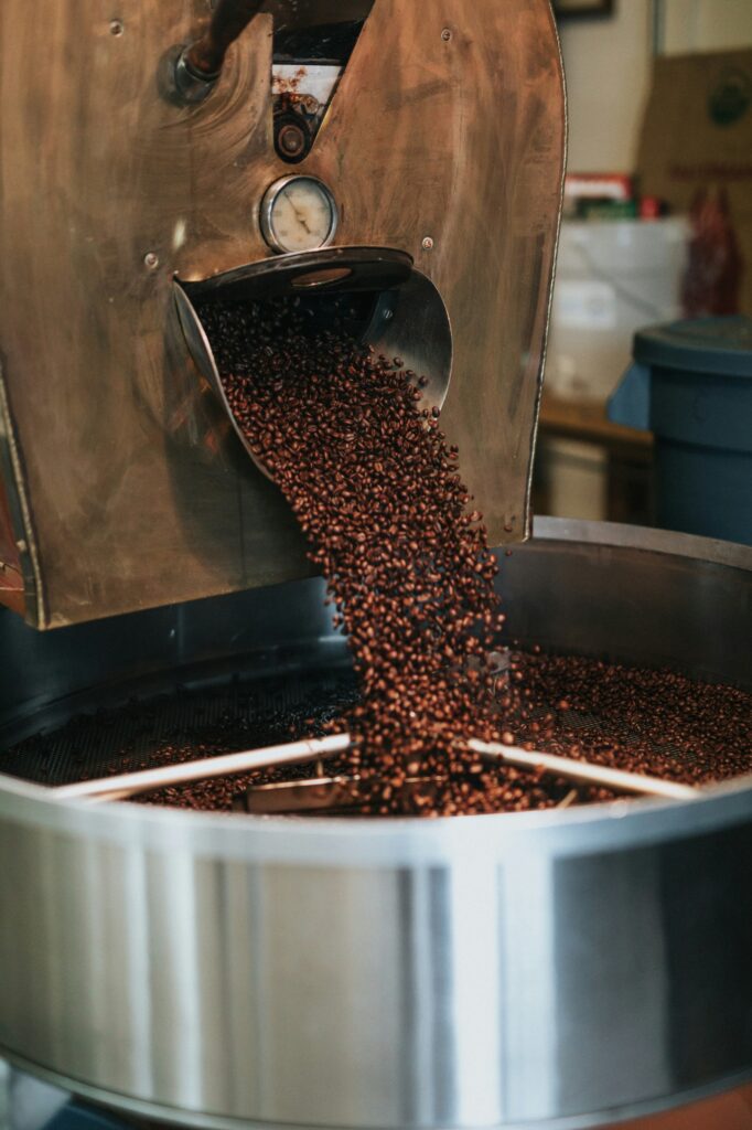 Déversement des grains torréfiés depuis la machine dans le bac de refroidissement