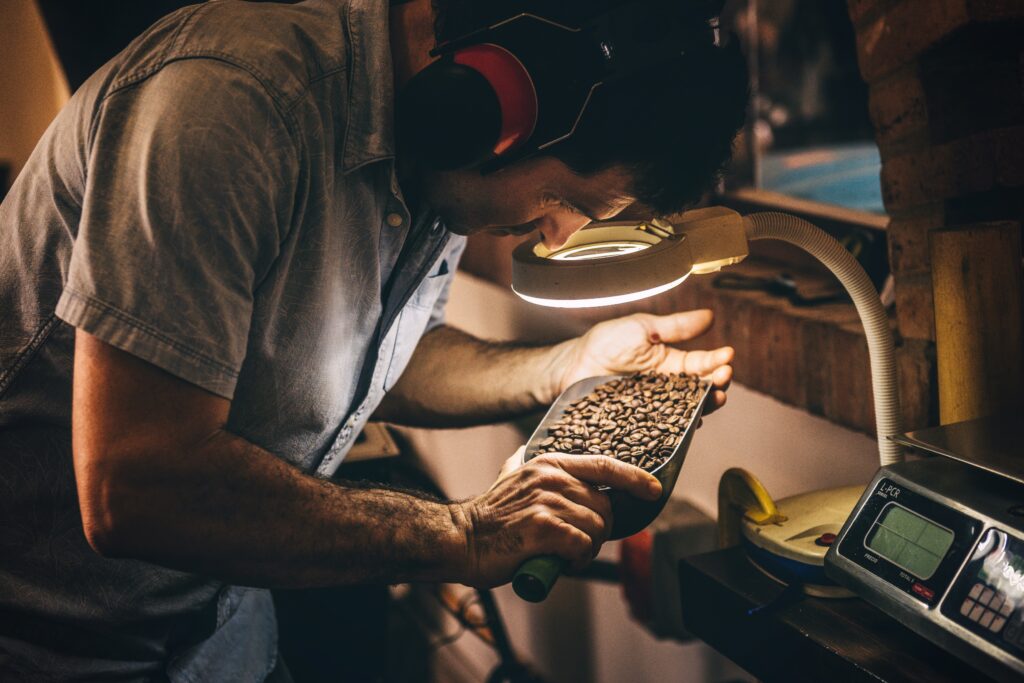 Contrôle qualité minutieux des grains de café sous loupe lors du processus de torréfaction