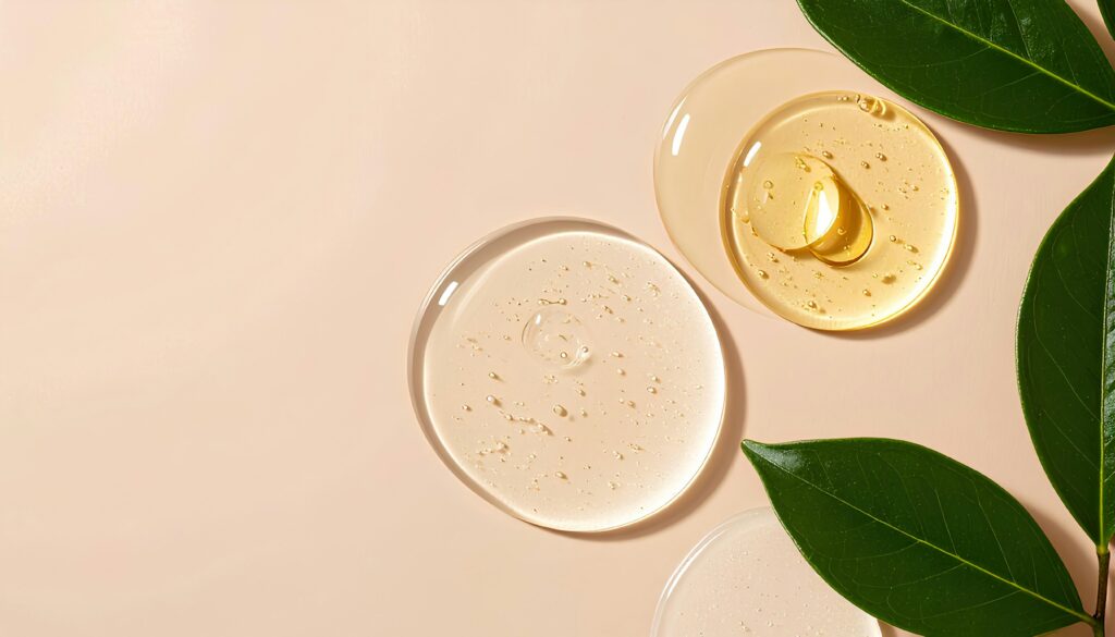 Actifs botaniques et gouttes de sérum illustrant la composition naturelle des soins Nūde